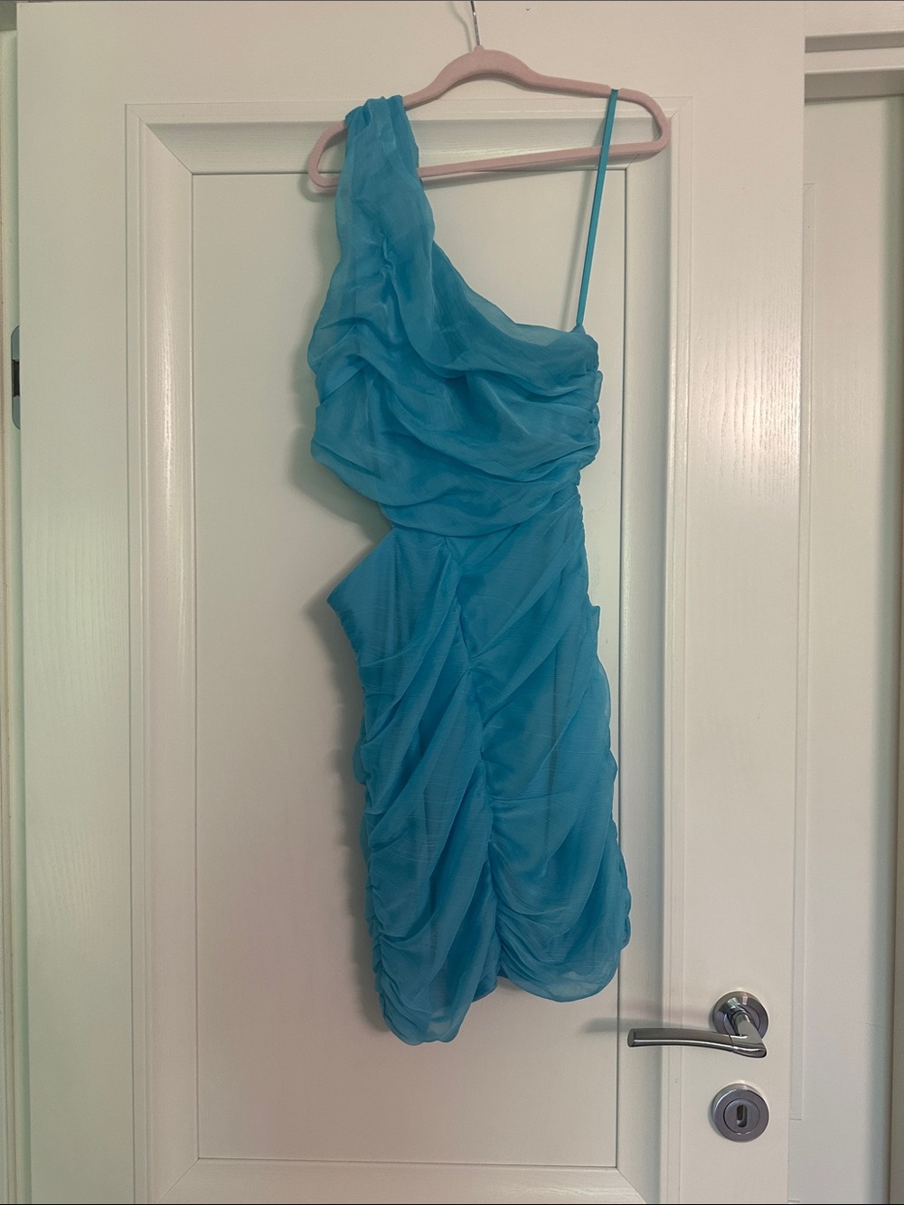 Aqua Teal One-Shoulder Ruffled Cocktail Dress
